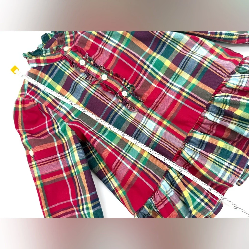 EUC Ralph Lauren Christmas Plaid Peplum Long Sleeve Tunic Top In Red & Green 24M